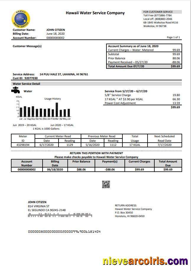 USA Hawaii Water Service Company utility bill